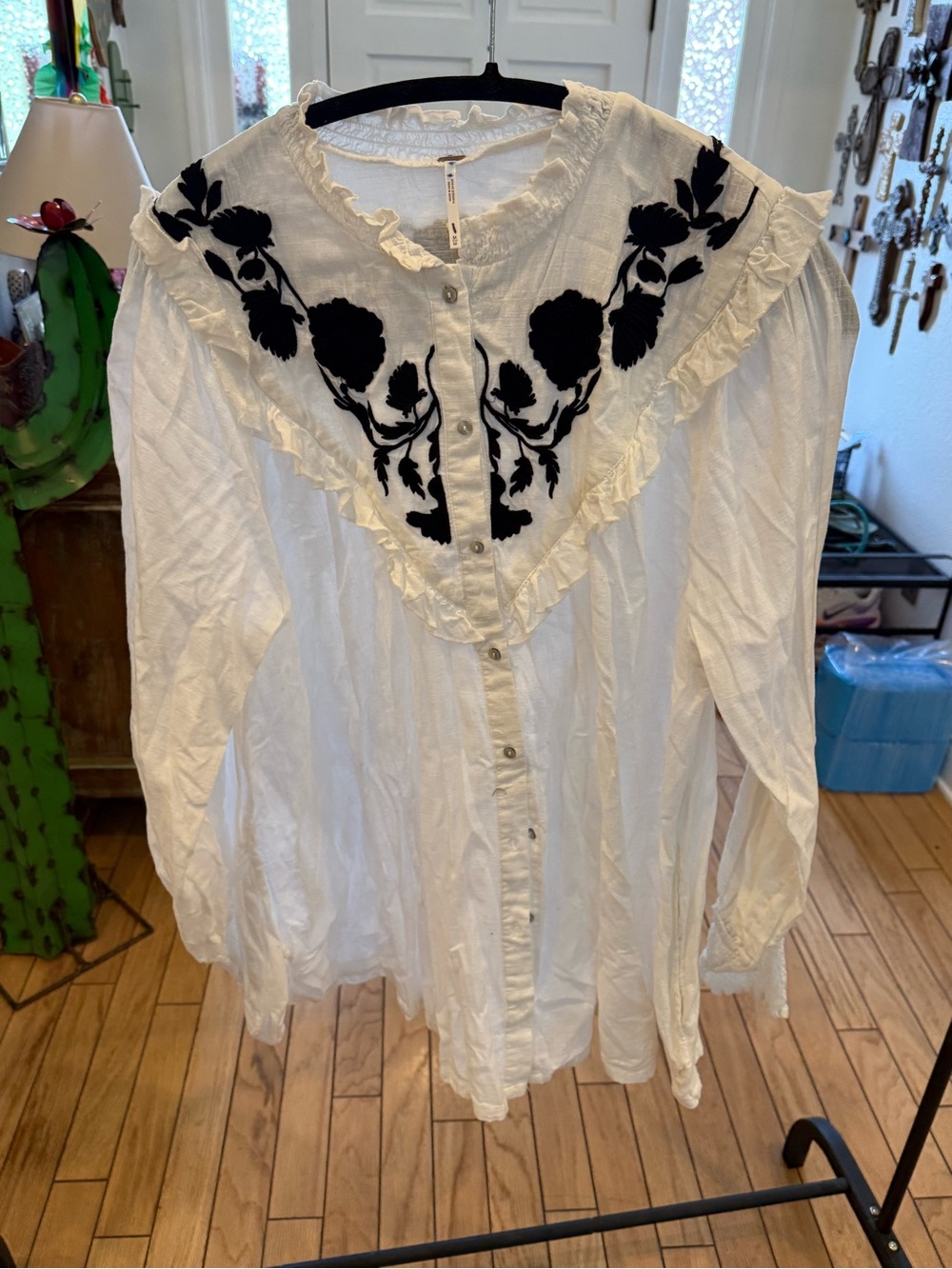 Free People Women's White Button-Front Blouse with Black Floral Embroidery